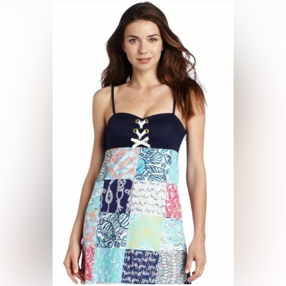 Lilly Pulitzer Colorful Patchwork Dress with Lace-Up Detail, size 4